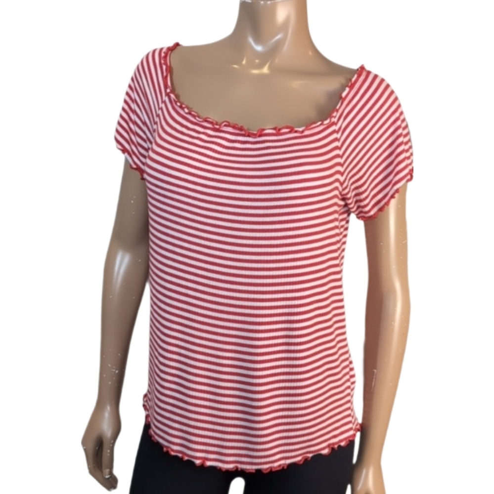 U2B Striped Tshirt Womens Plus Size 2XL Red White Lettuce Hem Ribbed Top